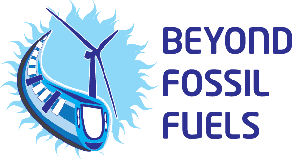 Beyond Fossil Fuels logo: an electric train and a wind turbine against the sun